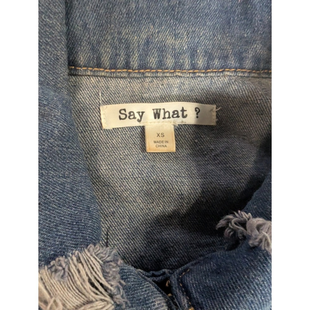 Say What? Oversized Denim Jacket XS Sequin Tiger Rose Patches Distressed Jean - Picture 4 of 16